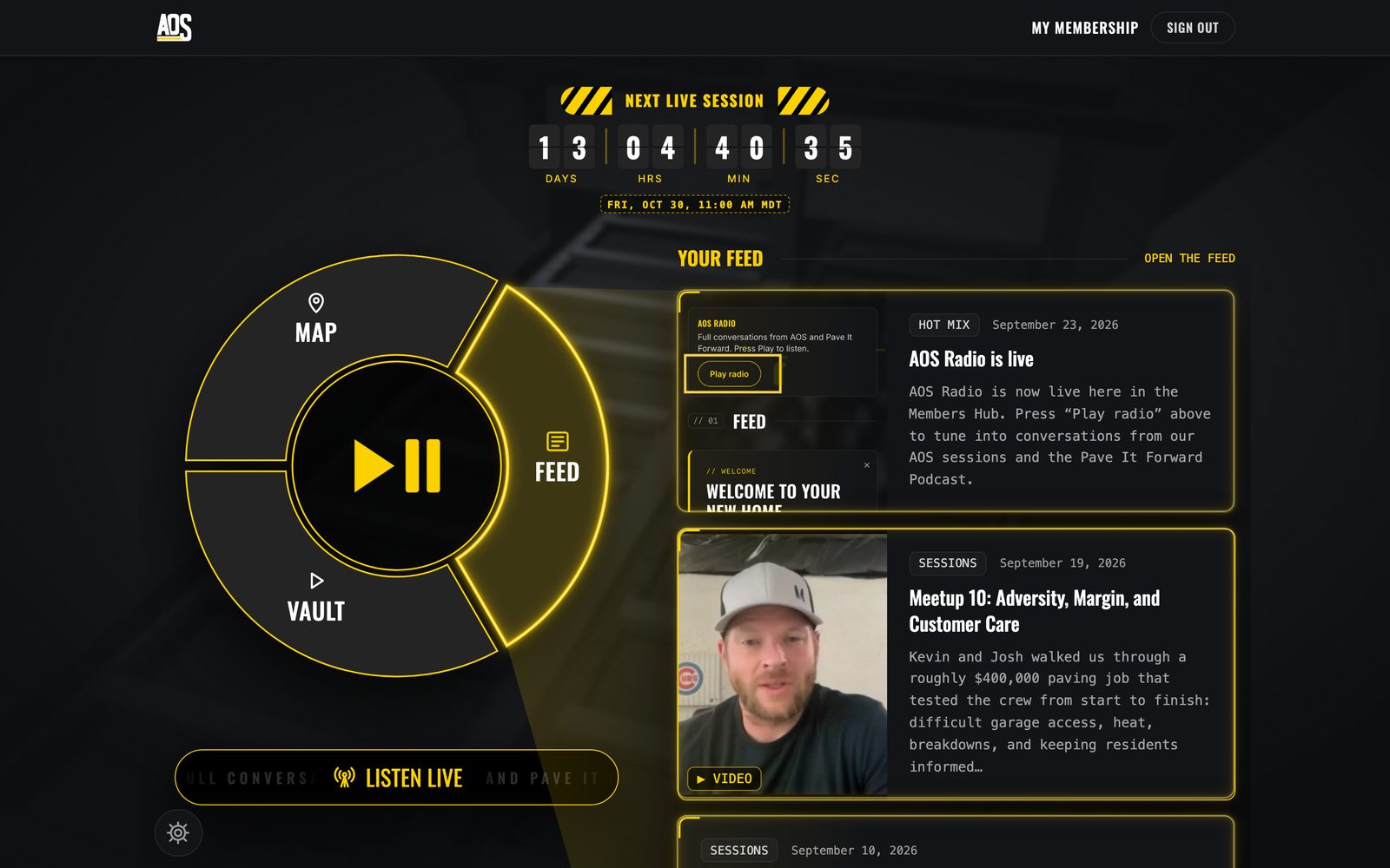 Members Hub home on a desktop: the dial, the next live session and your Feed