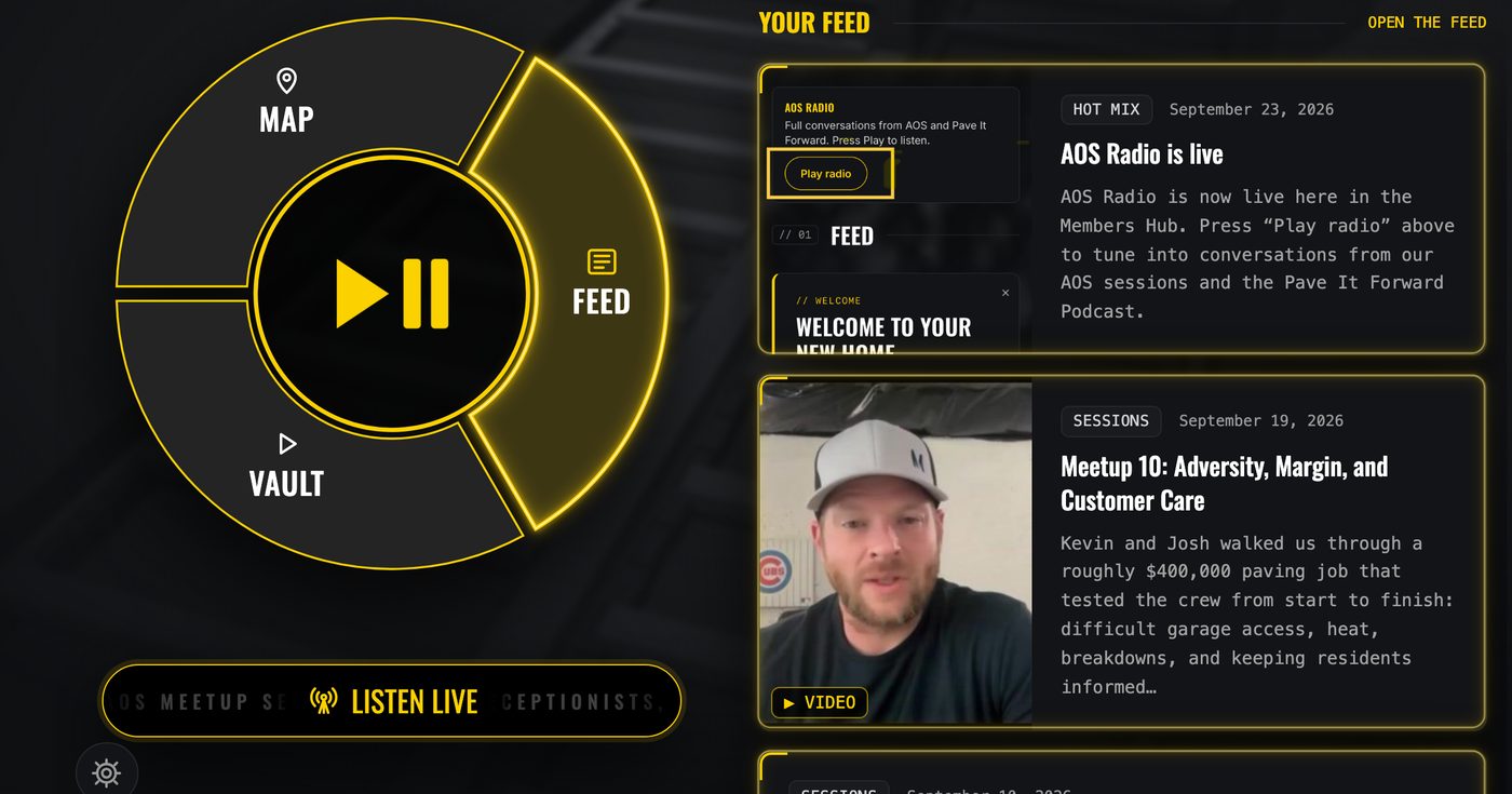 AOS Radio playing in the Members Hub on a desktop, the Listen Live bar showing the current episode
